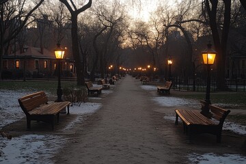 A Snowy Pathway Lined With Benches and Streetlights in a Park at Dusk