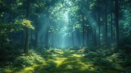 Obraz premium Sunlit path through mystical, green forest.
