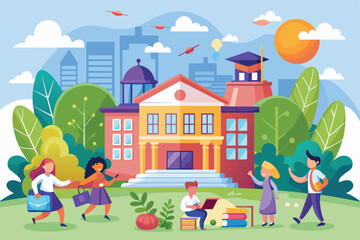 Students joyfully gather outside their school to celebrate the end of the academic year, End of school Customizable Semi Flat Illustration