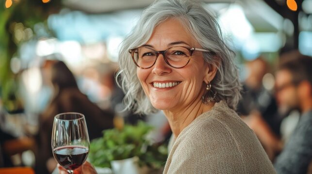 Smiling mature woman with glasses holds wine glass. Perfect for blogs on aging gracefully, wine tasting, or mature female lifestyle. - Powered by Adobe