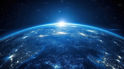 Obraz premium Earth seen from space at sunrise, with city lights visible.