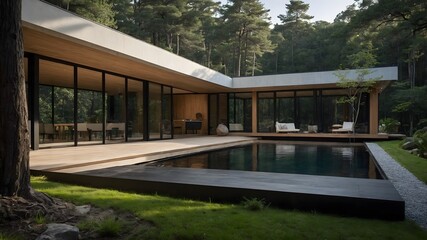 Fototapeta premium AI-generated Modern Wooden House with Luxury Hotel-Style Interior, Minimalist Japanese-Inspired Design, Seamlessly Blending Natural Wood and Steel in Tranquil Settings, Perfect for Sophisticated Livin