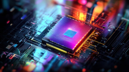 Obraz premium Close-Up Image of Circuit Board Featuring a Glowing Microchip