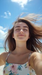 Naklejka premium Smiling woman enjoying a sunny day at