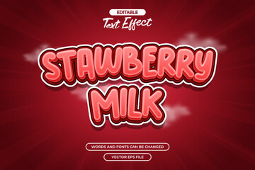 Strawberry milk editable text effect with cloud decoration and red background 