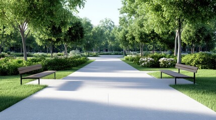 A serene park pathway with benches and lush greenery.