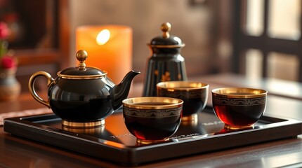 A beautifully arranged Chinese tea set sits elegantly on a dark wooden tray. The intricate designs and rich hues invite warmth and tranquility, ideal for festive moments