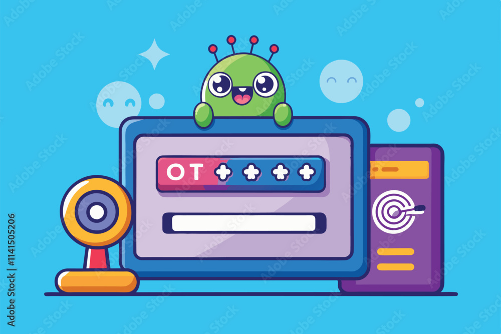 Poster a cute cartoon character assists with entering a one-time password on a computer screen, enter otp c