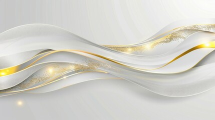 Abstract design featuring flowing white and gold waves with a light background.