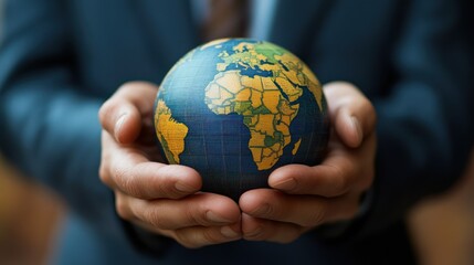 Businessman holding a small globe in his hands.