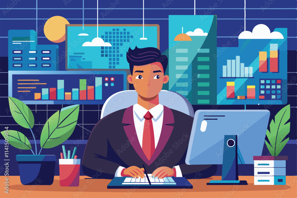 Poster an enterprise data analyst focuses on data insights at a well-equipped workstation surrounded by cha