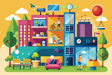 People engage in various leisure activities inside a vibrant apartment, showcasing everyday life, Entertainment and leisure in apartment