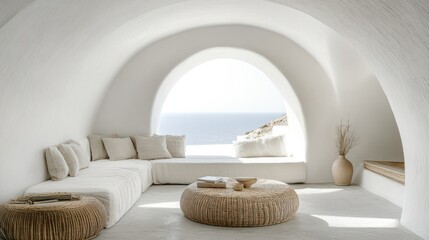A serene, minimalist interior with a cozy seating area and a view of the sea.