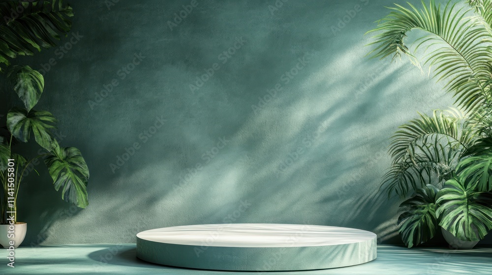 Poster a serene, minimalist setting featuring a circular platform and lush green plants.