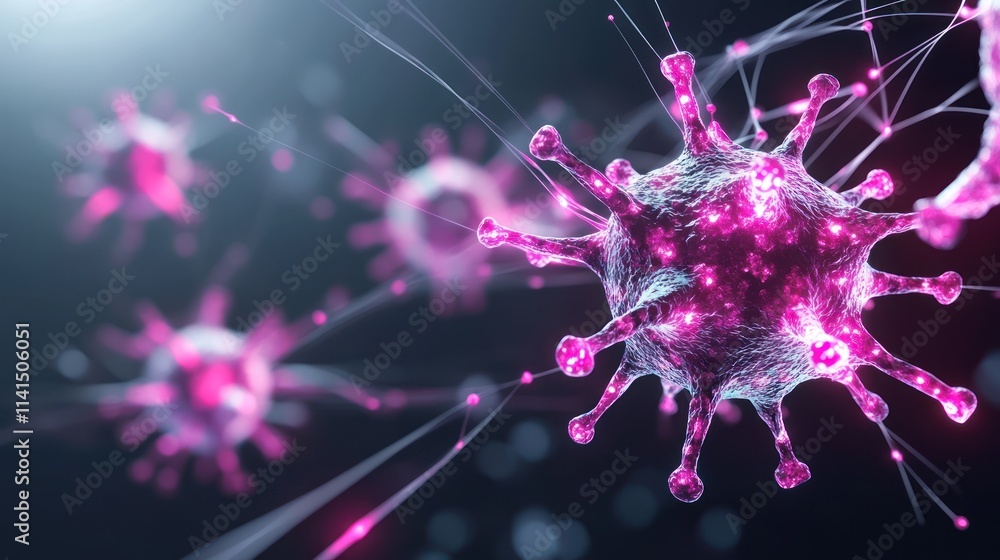 Poster close-up view of a virus, showcasing its structure and features.