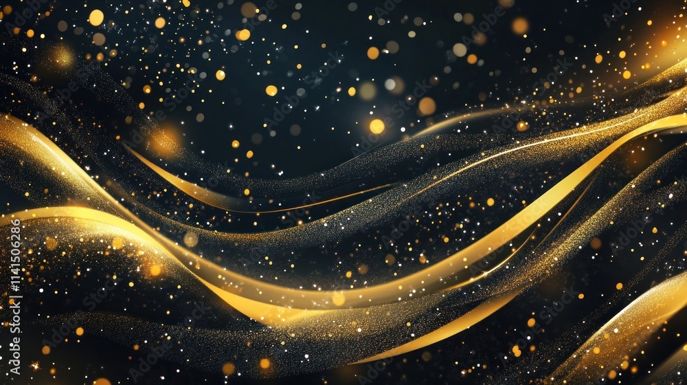 Poster A shimmering abstract background with flowing golden waves and sparkling particles.