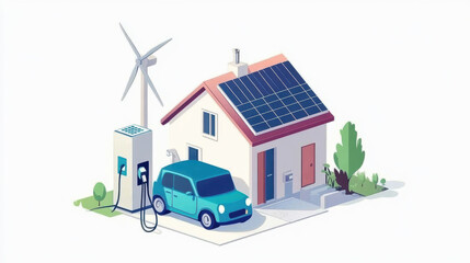 The electricity generated by solar and wind power is supplied to households for use, representing the concept of new energy