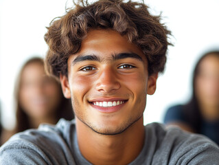 Obraz premium Portrait of a handsome smiling guy on a minimalistic background