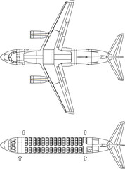 vector illustration of airplane section design with passenger seat interior details side by side 