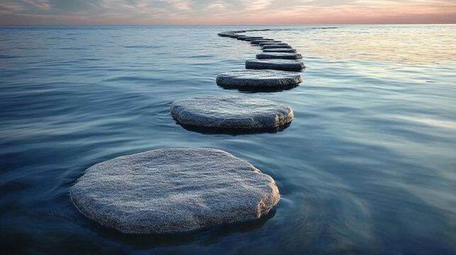 Smooth stepping stones leading into the distance over calm water