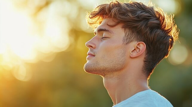 Young Man in Profile View Practicing Deep Breathing with Relaxed Expression Amidst Nature's Warm Glow at Sunrise