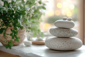 Tranquil Stacked Stones with Greenery and Soft Natural Light