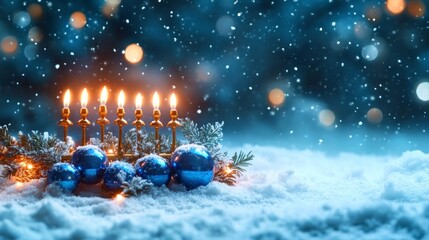 Frosted Glow Celebration "Happy Hanukkah" written on a festive card featuring snowflakes and a glowing menorah, with a crisp white background that provides ample room for additional text.