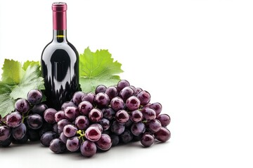 Rich Red Wine Bottle Surrounded by Fresh Grapes and Green Leaves