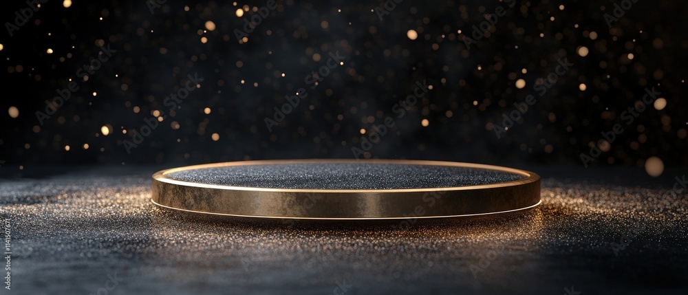 Poster elegant golden circular platform on a black background with shimmering particles showcasing modern d