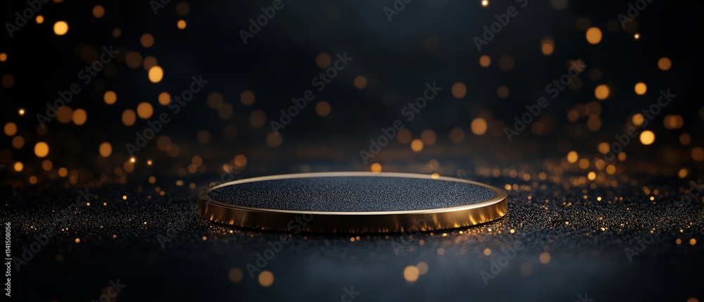 Poster elegant black background with golden circular platform showcasing shimmering particles and depth, pe