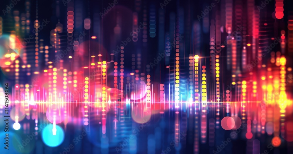 Poster abstract colorful digital background with vibrant light patterns and waveforms.