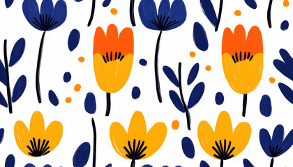 Abstract Floral Illustration, Blue and Orange Flowers
