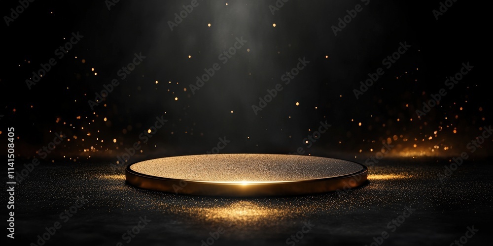 Poster elegant circular platform on black background with golden particles and soft light creating a glamor
