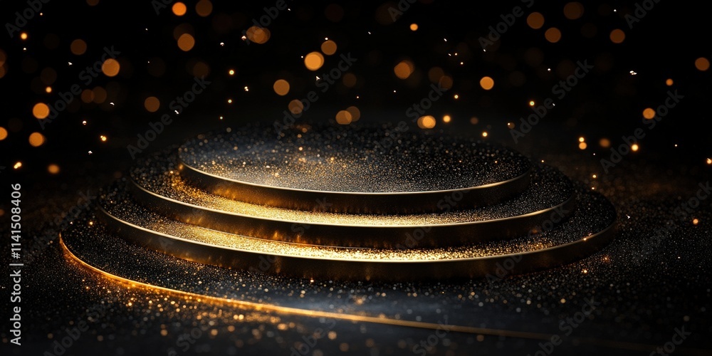 Poster elegant black background with golden circular platforms and sparkling bokeh effects for dynamic show