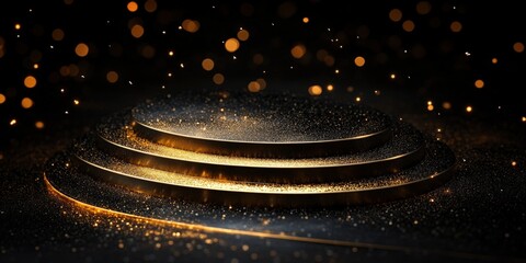 Elegant Black Background with Golden Circular Platforms and Sparkling Bokeh Effects for Dynamic Showcase and Presentation