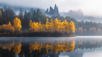 Serene lake reflecting autumn trees and misty mountain, nature, background in a tranquil landscape.