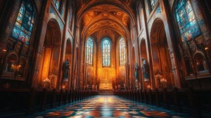 Fototapeta premium Ornate church interior; stained glass, golden details.