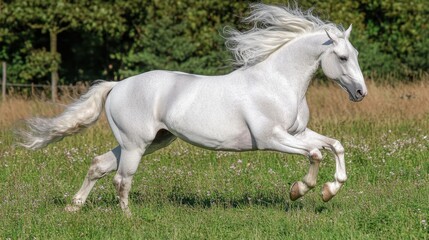 Majestic White Horse Running Freely in Lush Green Meadow Under Bright Sun