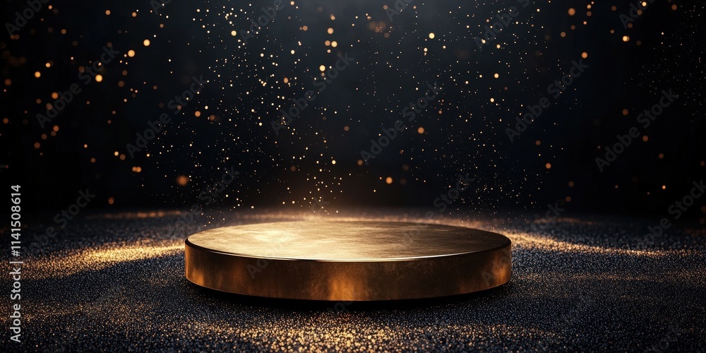 Poster elegant circular platform on a dark background with shimmering golden particles and soft light effec