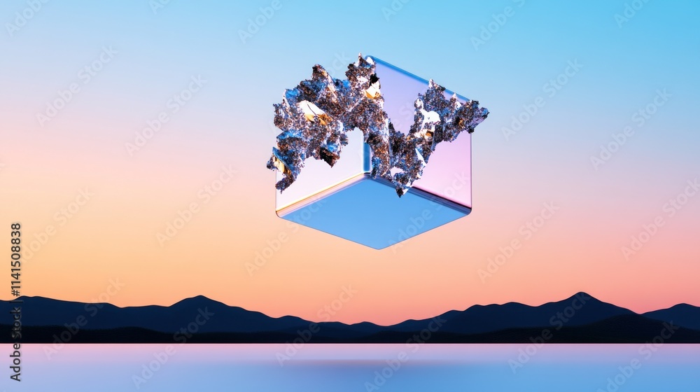 Poster abstract floating cube with metallic textures against a sunset backdrop.