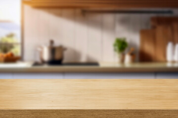 Kitchen wood table top for product display with blurred modern interior. Wooden tabletop over defocused kitchen background. kitchen furniture and desk space. product promotion in the kitchen