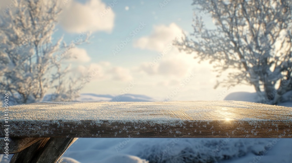 Poster a snow-covered table in a serene winter landscape with soft sunlight.
