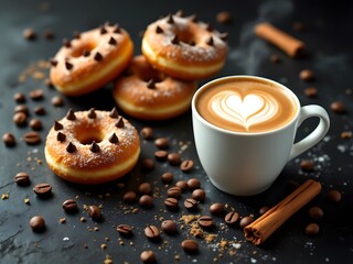 Naklejka premium Sweet Start: Donuts and Latte with Cinnamon