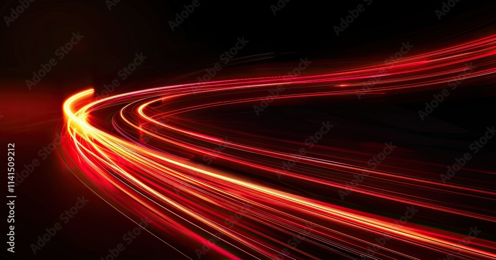 Poster abstract image of flowing light trails in vibrant red against a dark background.