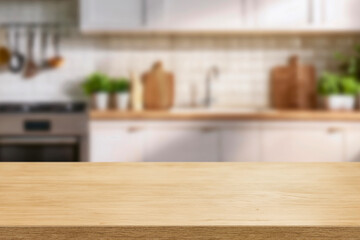 Kitchen wood table top for product display with blurred modern interior. Wooden tabletop over defocused kitchen background. kitchen furniture and desk space. product promotion in the kitchen
