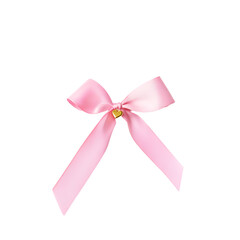 Pink ribbon with golden heart charms, isolated on transparent background.