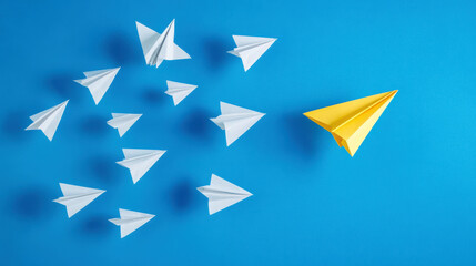 Fototapeta premium Paper airplane flying, blue background