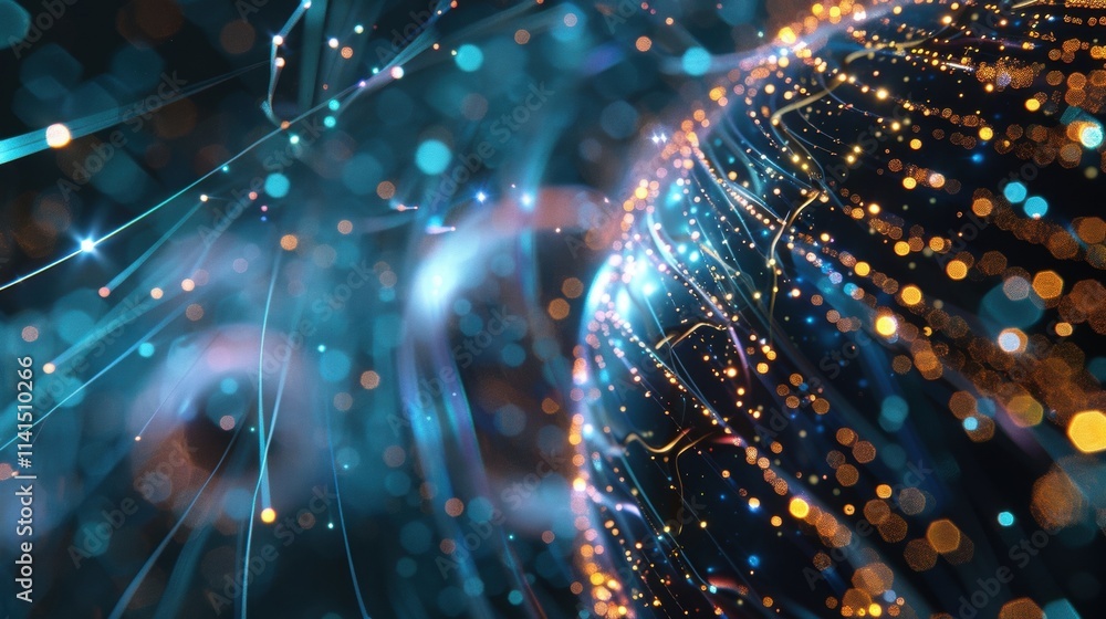 Poster complex data streams flowing and swirling around a digital sphere, creating a dynamic visualization 