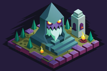 Obraz premium A menacing ghostly figure looms over a spooky graveyard adorned with eerie flames Evil ghost Customizable Isometric Illustration