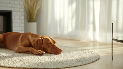 A relaxed dog peacefully sleeping on cozy rug in bright, airy room with natural light streaming through sheer curtains. serene atmosphere enhances feeling of tranquility